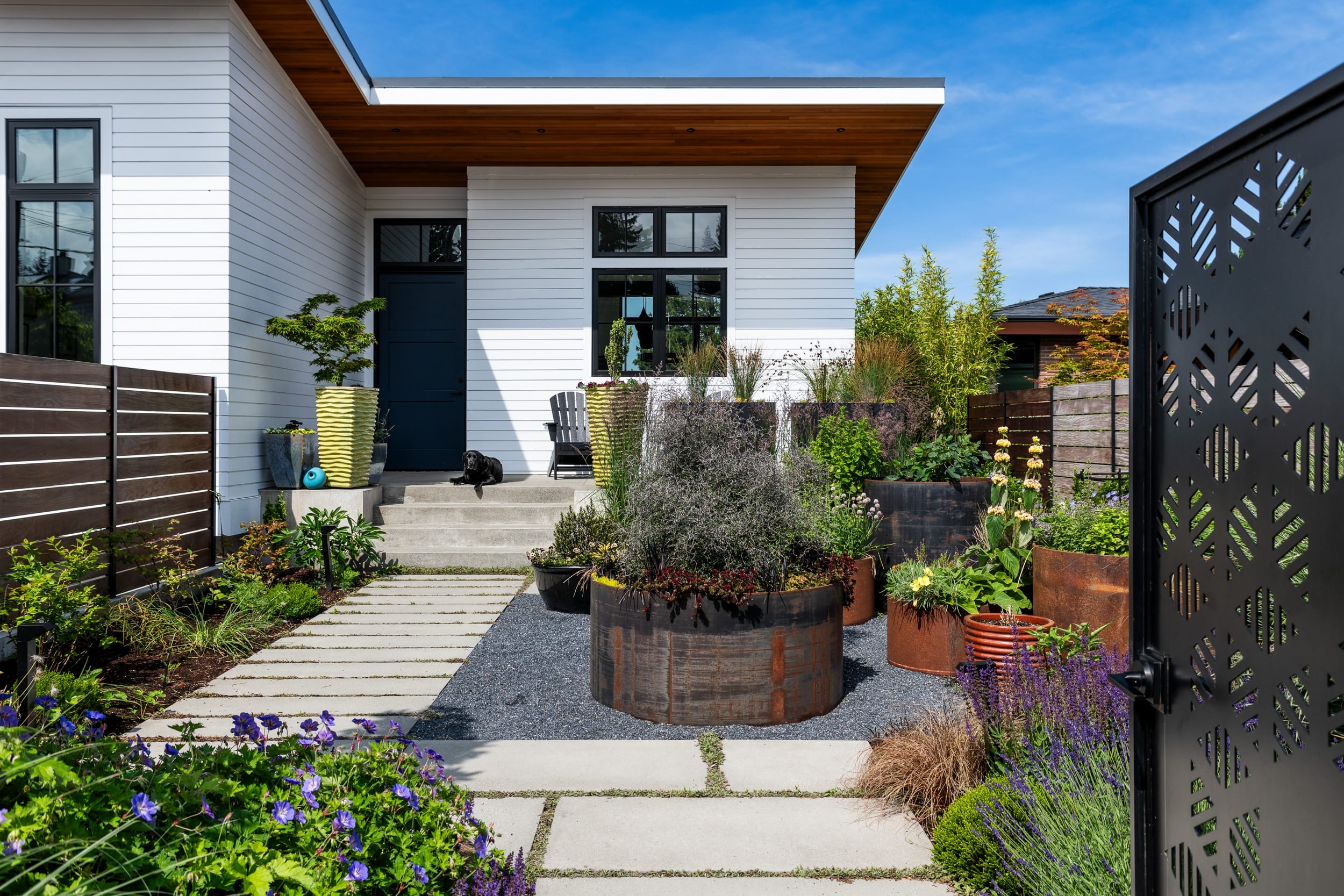 Modern house with white siding, large windows, and a wooden door. The garden features various plants in round planters and a patterned metal gate. A black dog sits near the entrance.