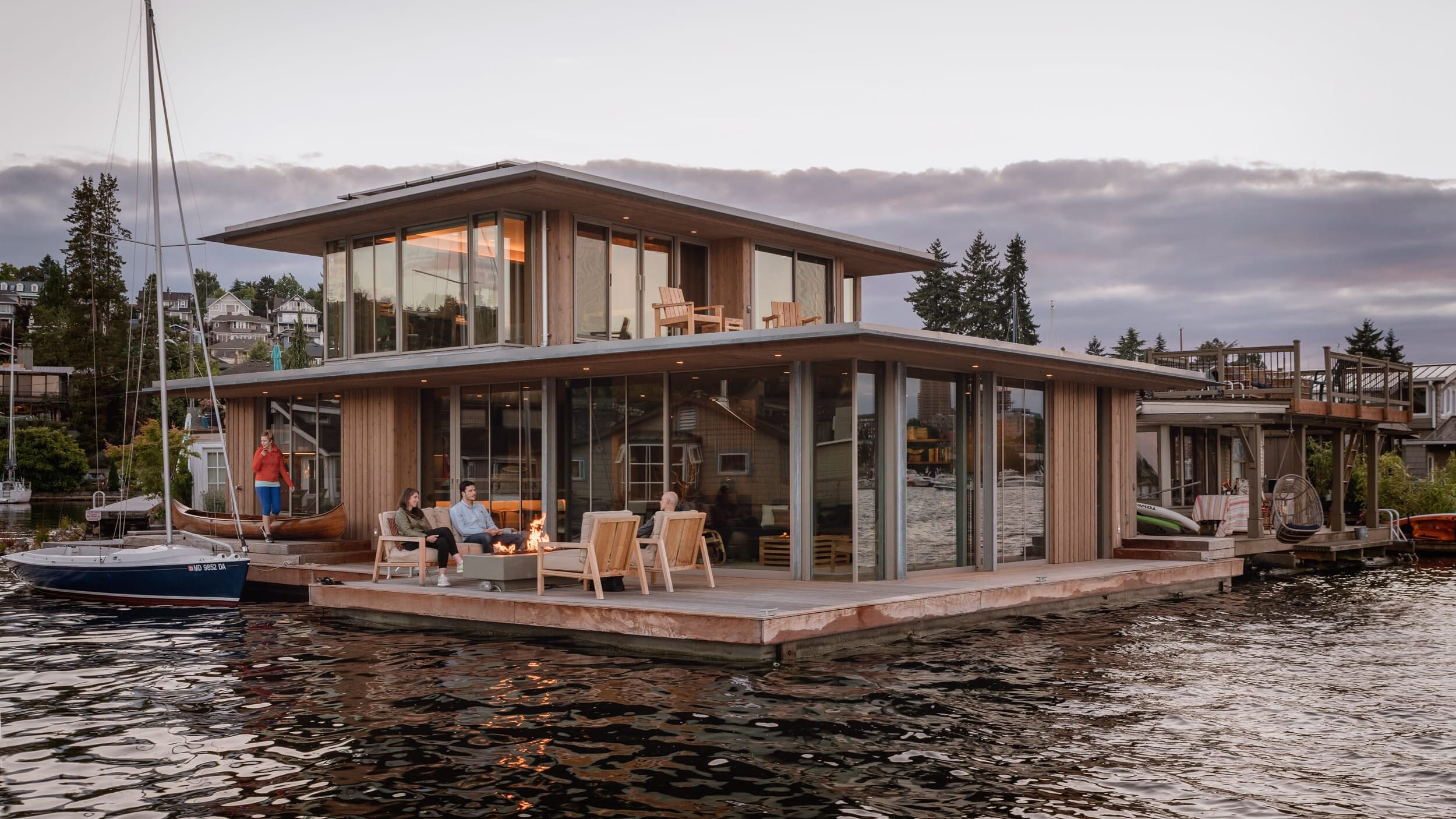 A floating house on a body of water.