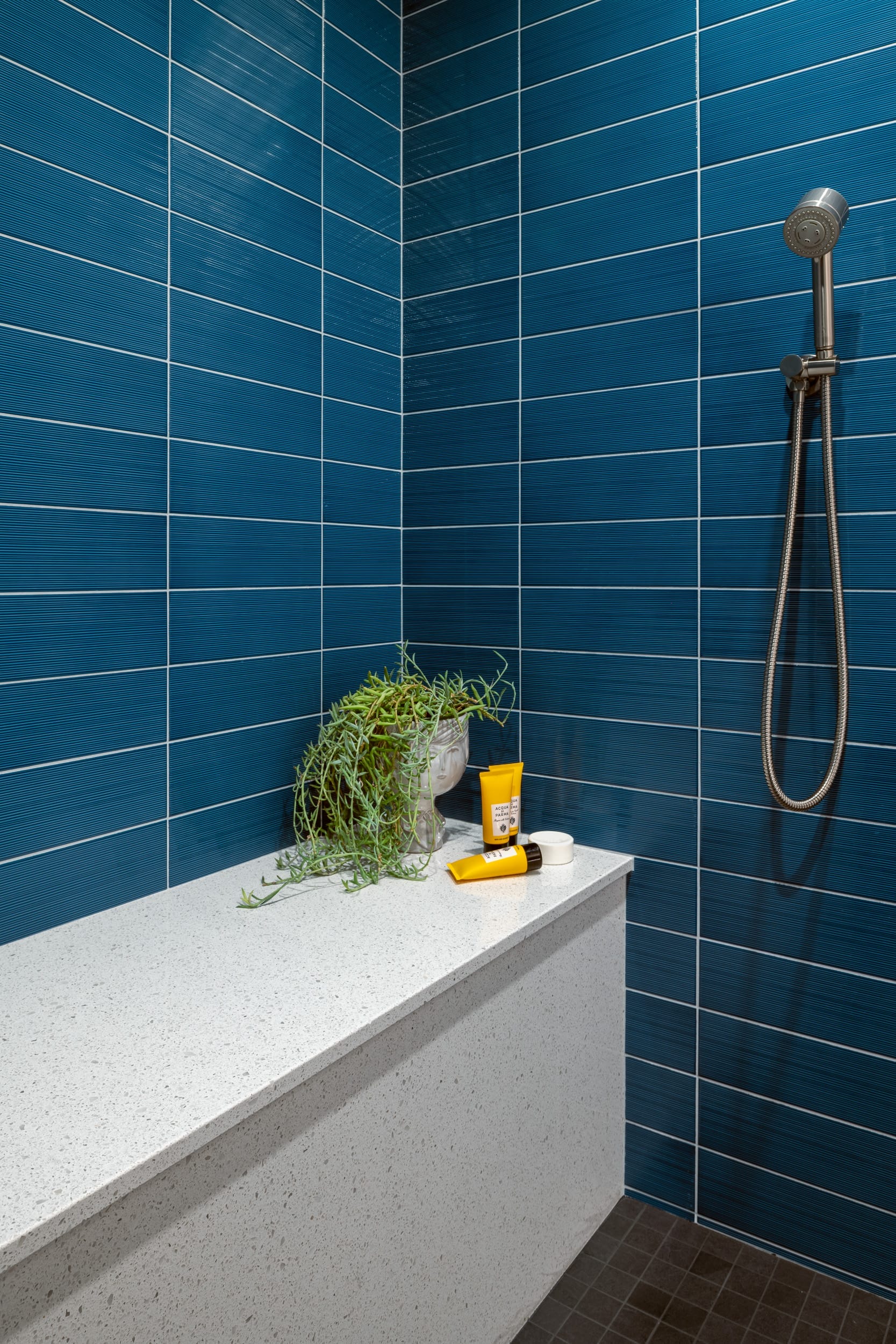 A blue tiled shower with a plant on the counter.