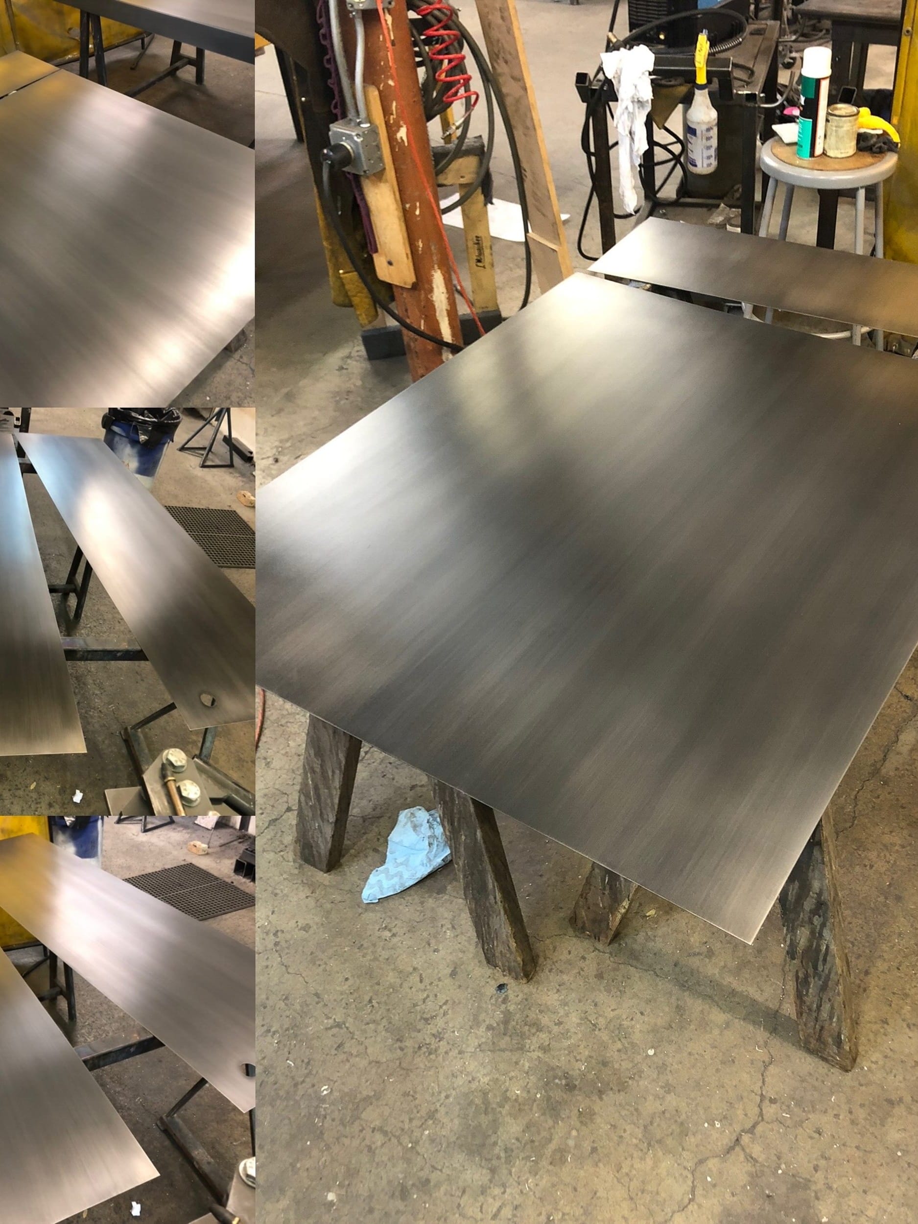 A series of pictures of a table being made out of metal.